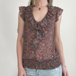 dmbm Sheer Floral V-Neck Ruffled Blouse
